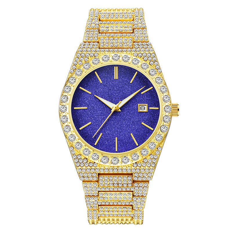 Gold men’s quartz watch with diamond-studded strap and blue dial featuring calendar function
