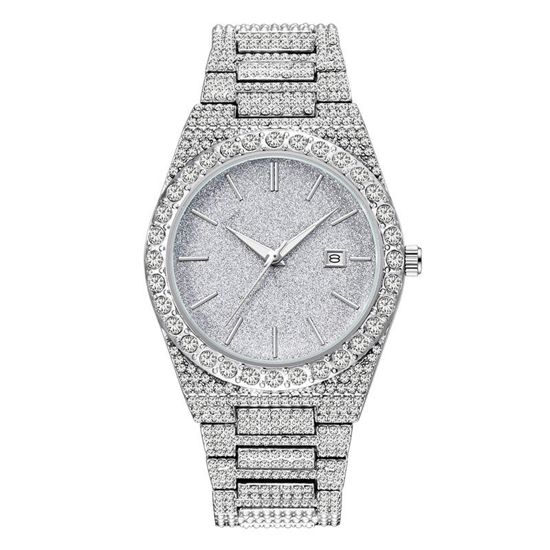 Luxury silver-tone men's quartz watch with sparkling crystal-studded bezel and bracelet, date display