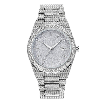Luxury silver-tone men's quartz watch with sparkling crystal-studded bezel and bracelet, date display