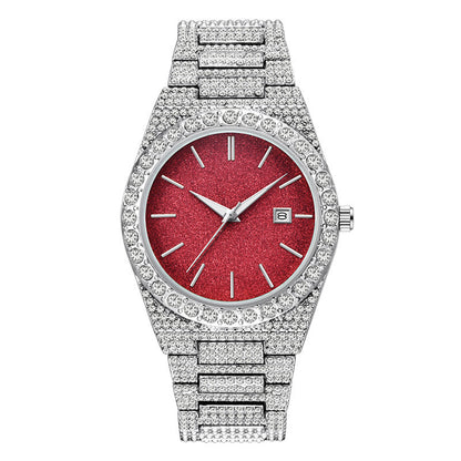 Luxury silver watch with sparkling crystals and a red glitter dial featuring a date display