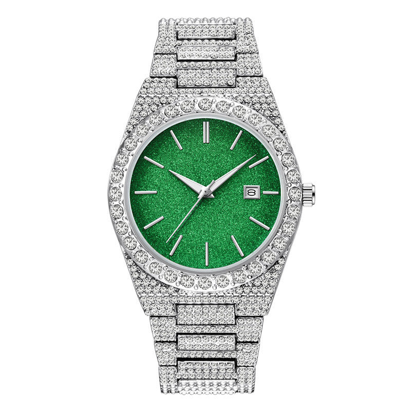 Silver diamond-encrusted men's watch with glittering green dial and calendar function