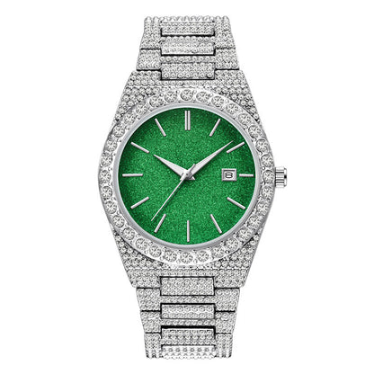Silver diamond-encrusted men's watch with glittering green dial and calendar function