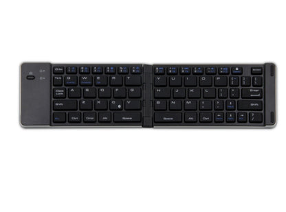 Foldable Bluetooth wireless keyboard with black keys and slim portable design on white background