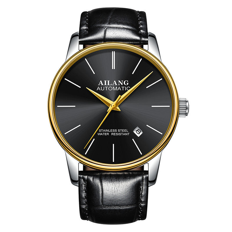 AILANG automatic men's wristwatch with black dial, gold bezel, stainless steel case, and black leather strap
