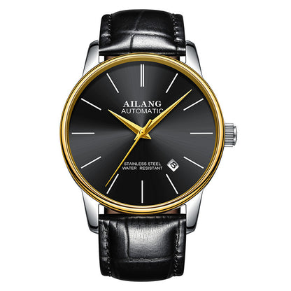 AILANG automatic men's wristwatch with black dial, gold bezel, stainless steel case, and black leather strap