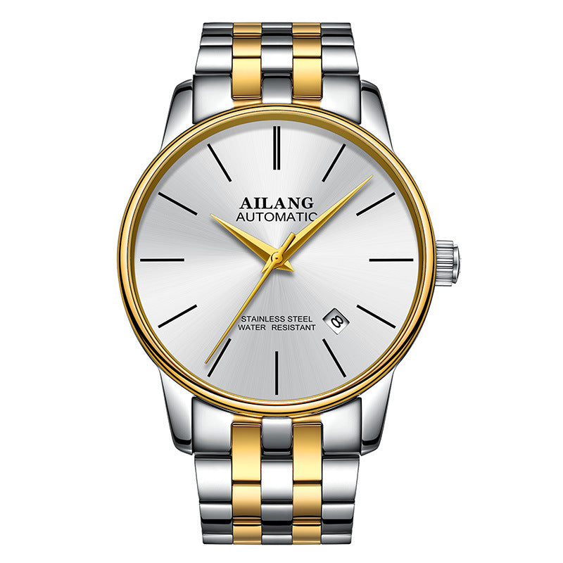 Ailang men's automatic mechanical watch with white dial, gold and silver stainless steel bracelet, 41mm