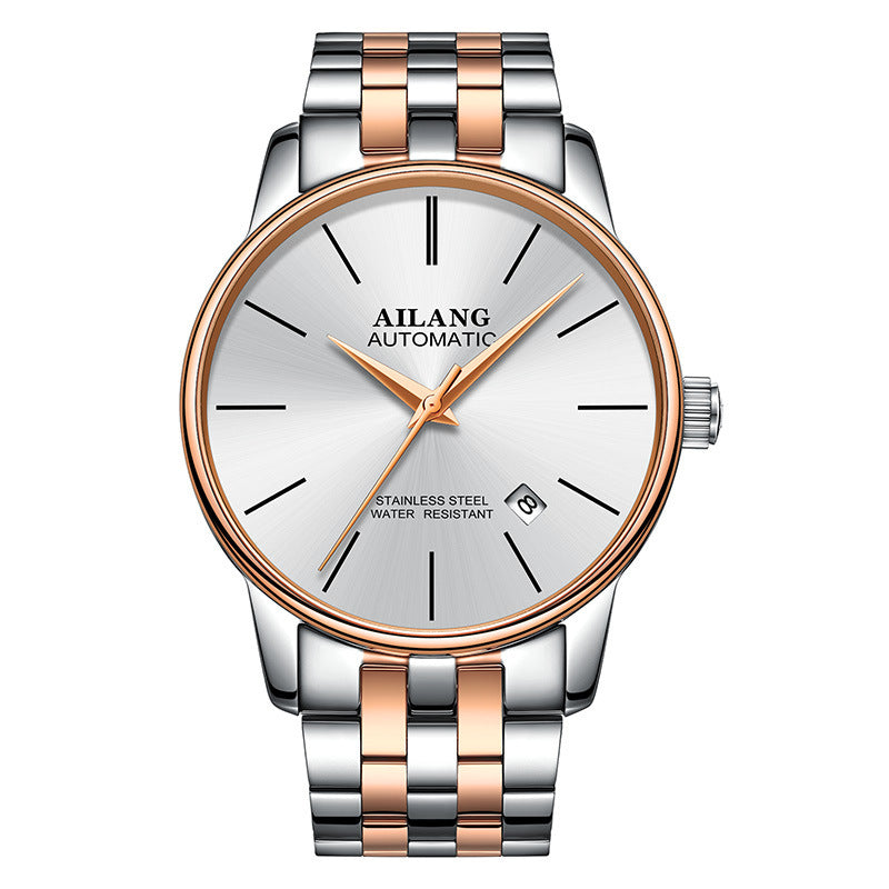 Ailang automatic men's wristwatch with silver dial, rose gold and stainless steel band, date display