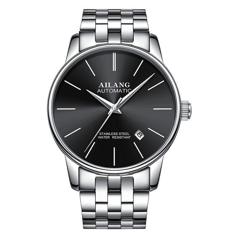 Ailang men's automatic wristwatch with black dial, stainless steel band, date display, and water resistance