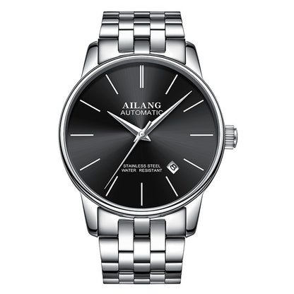 Ailang men's automatic wristwatch with black dial, stainless steel band, date display, and water resistance