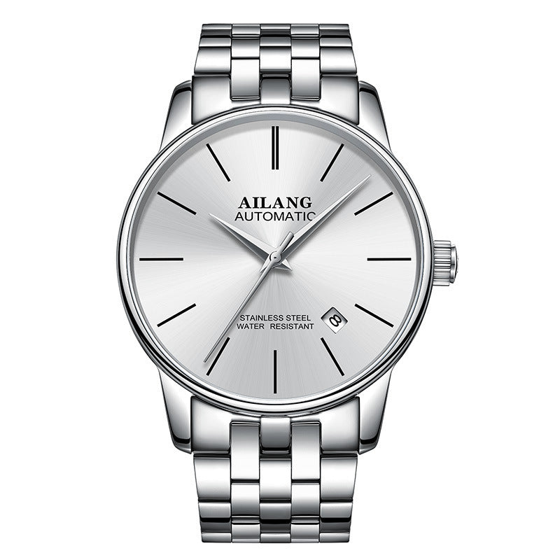 Ailang automatic men's stainless steel wristwatch with silver dial, black hour markers, and date display