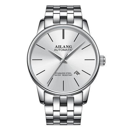 Ailang automatic men's stainless steel wristwatch with silver dial, black hour markers, and date display
