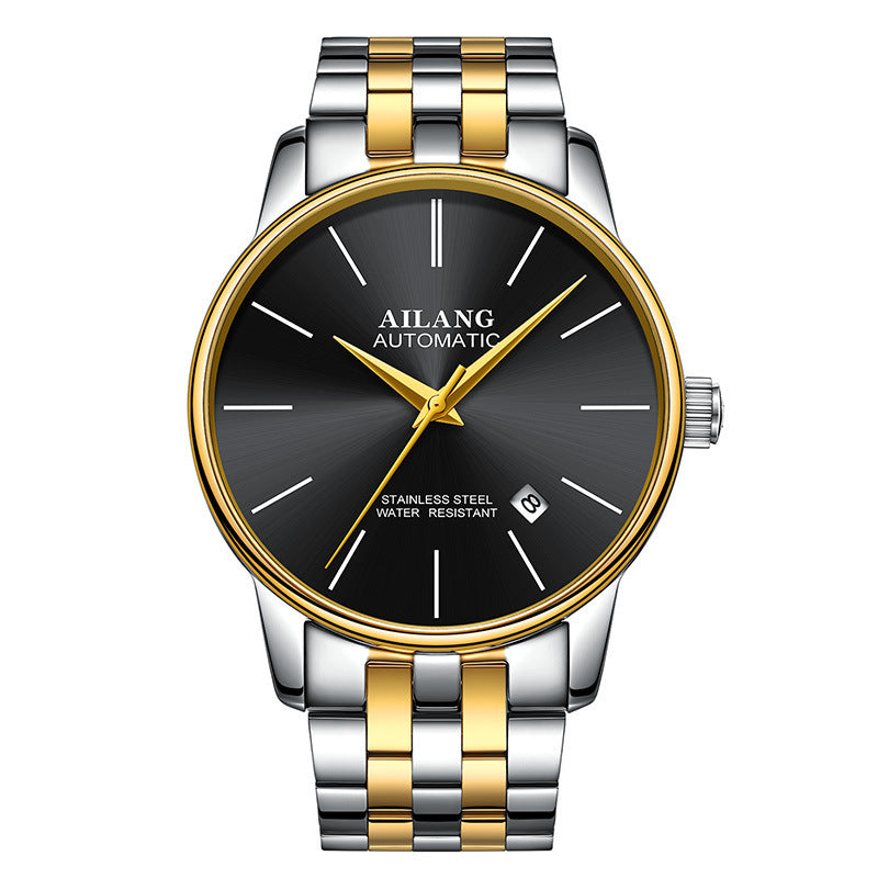 AILANG automatic men's wristwatch with black dial, gold and silver stainless steel band, date display
