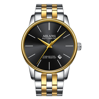 AILANG automatic men's wristwatch with black dial, gold and silver stainless steel band, date display