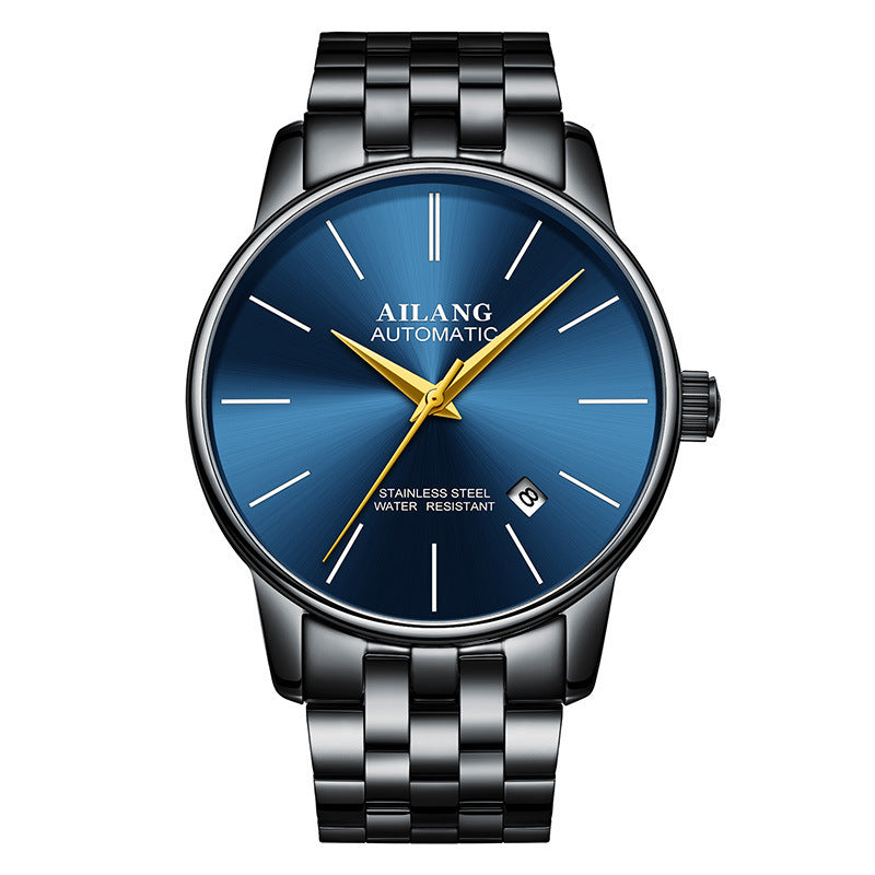 AILANG automatic men's watch with blue dial, gold hands, stainless steel black bracelet, date display