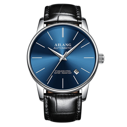 AILANG automatic men's wristwatch with blue dial, stainless steel case, date display, black leather strap