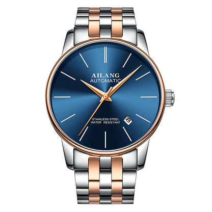 Ailang automatic men's wristwatch with blue dial, rose gold and silver stainless steel band, date display