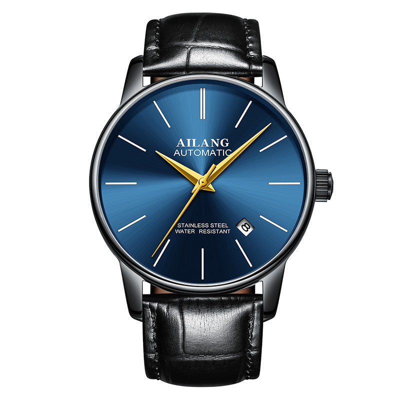 AILANG automatic men's wristwatch with blue dial, gold hands, stainless steel case, black leather strap