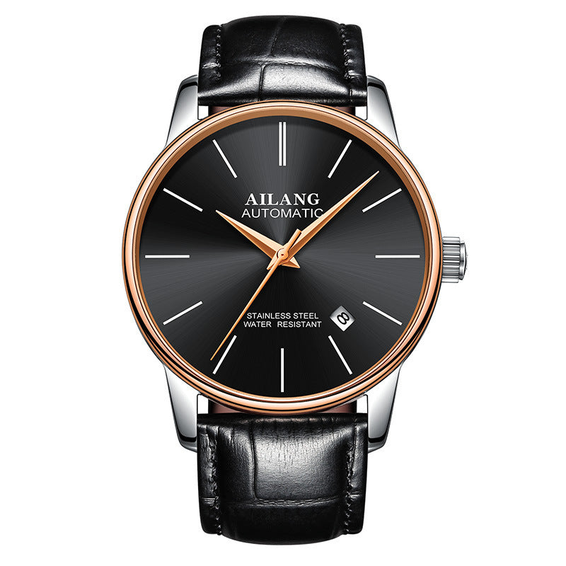 AILANG men's automatic mechanical watch with black dial, rose gold bezel, and black leather strap