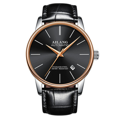 AILANG men's automatic mechanical watch with black dial, rose gold bezel, and black leather strap