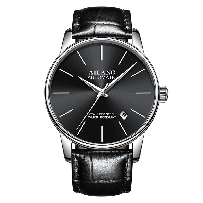 Ailang men's automatic mechanical wristwatch with black dial, stainless steel case, and black leather strap