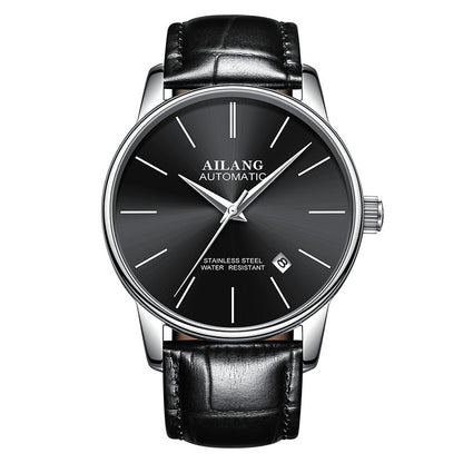 Ailang men's automatic mechanical wristwatch with black dial, stainless steel case, and black leather strap