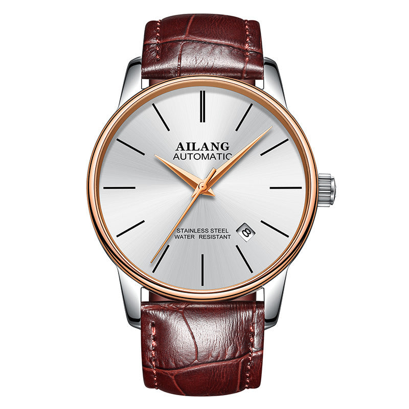 Ailang automatic men's watch with silver dial, rose gold bezel, brown leather strap, and date display