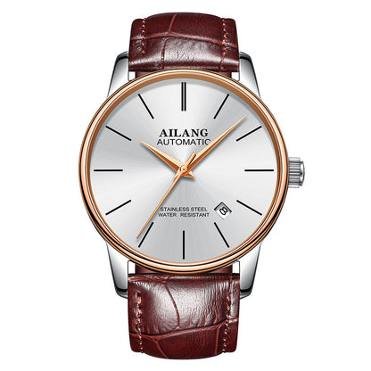 Ailang automatic men's watch with silver dial, rose gold bezel, brown leather strap, and date display