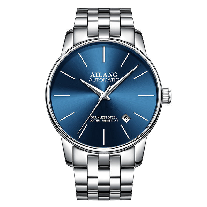 AILANG automatic men's wristwatch with blue dial, stainless steel case and bracelet, date display