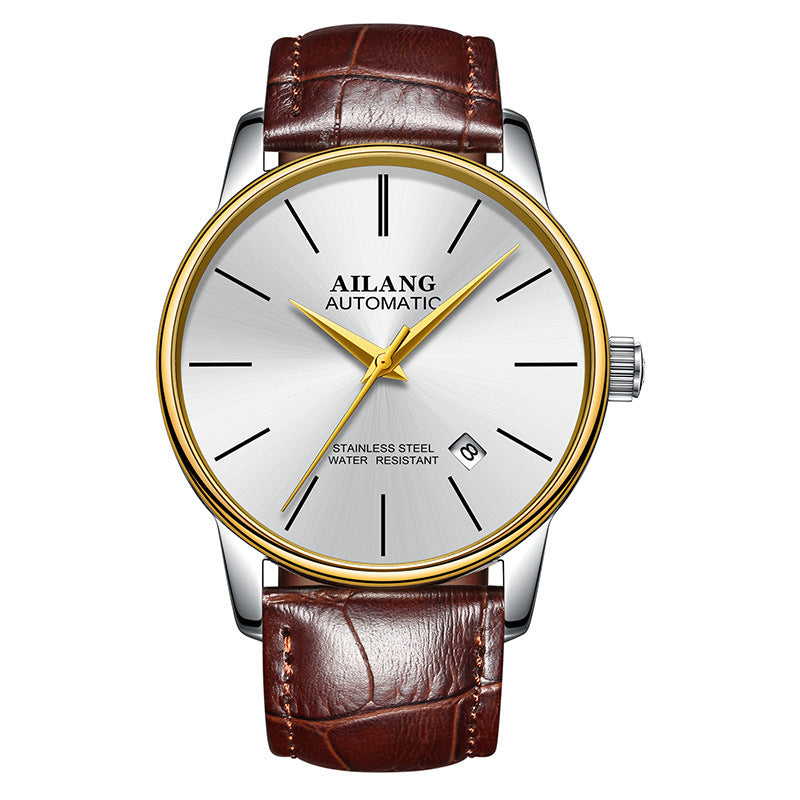 Ailang automatic men's watch with gold bezel, silver dial, brown leather strap, and date display