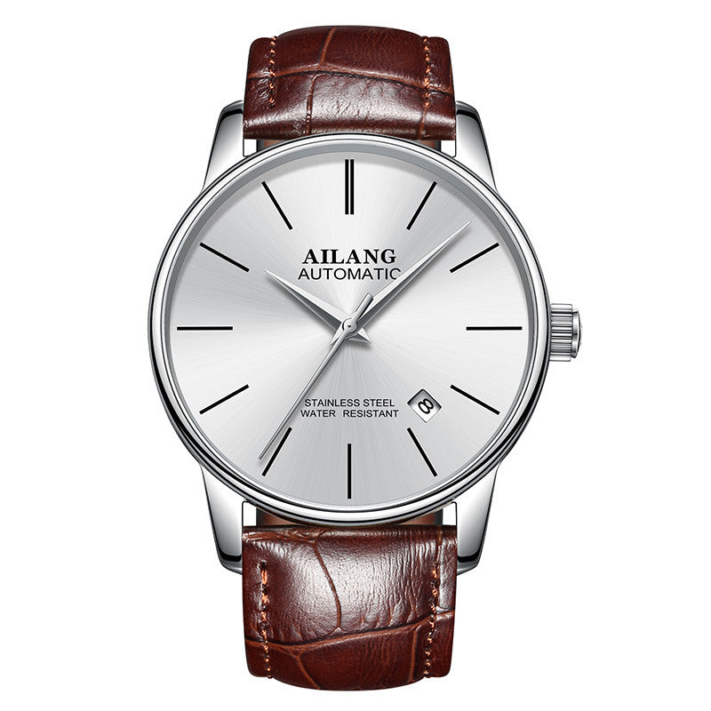 Ailang automatic men's wristwatch with stainless steel silver dial, black hour markers, date window, and brown leather strap