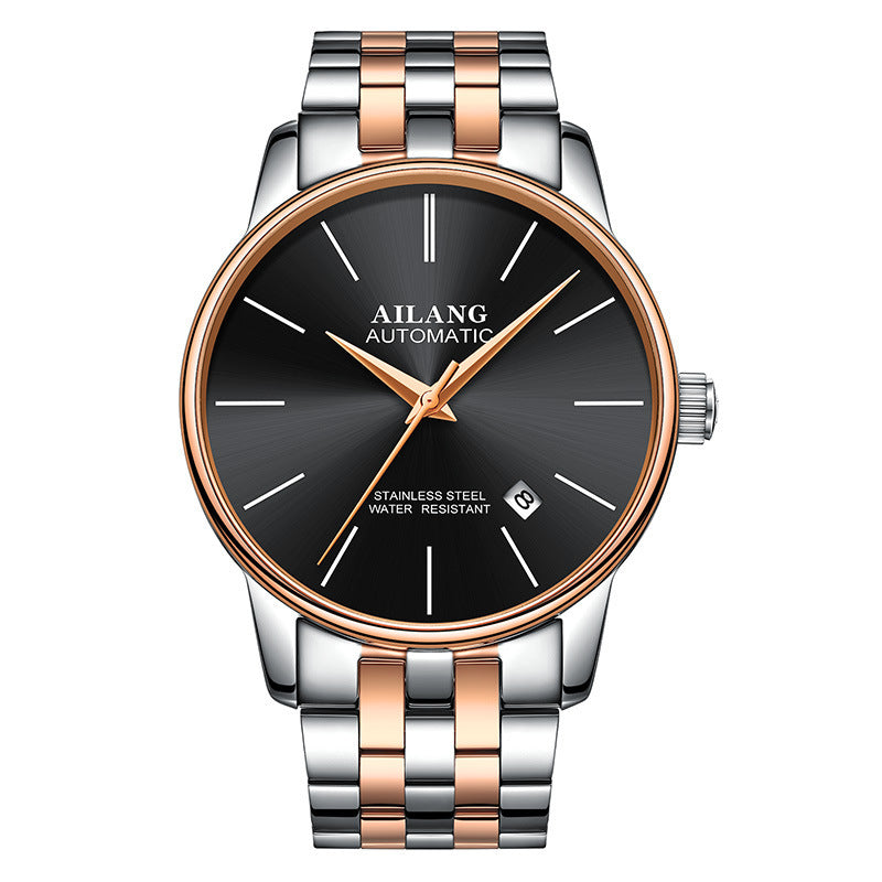 Ailang automatic men's wristwatch with black dial, stainless steel and rose gold two-tone band, date display