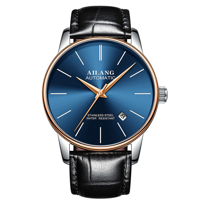 Ailang automatic men's wristwatch with blue dial, rose gold hands, stainless steel case, black leather strap