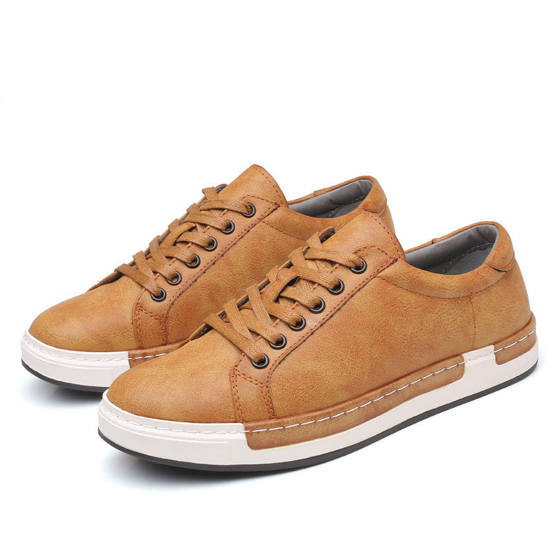 Men's tan leather sneakers with lace-up design and white rubber sole