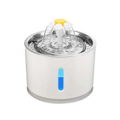 Gray stainless steel pet water dispenser with daisy-shaped fountain and water level indicator