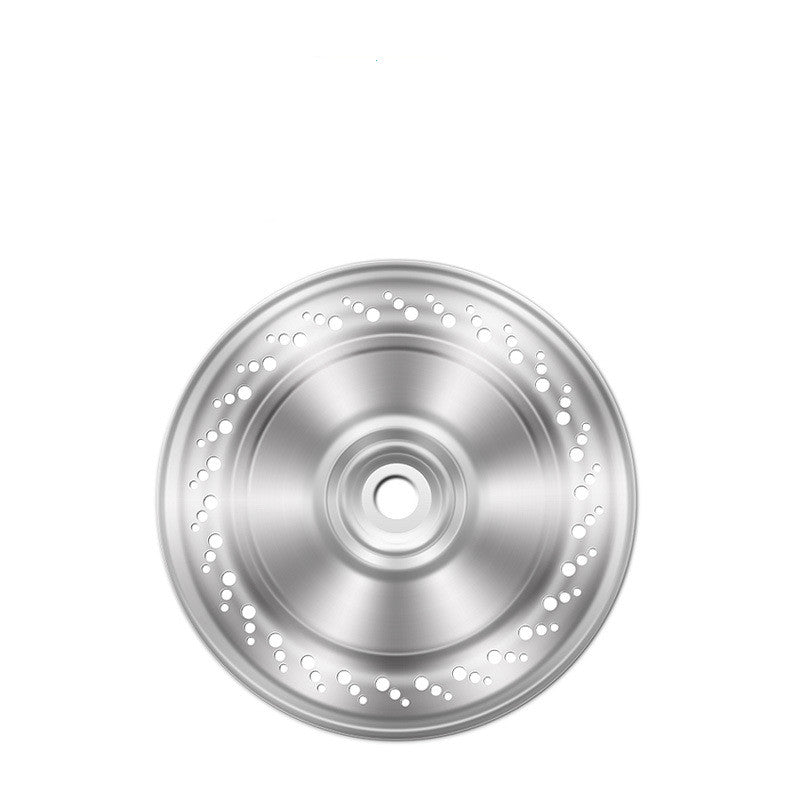 Top view of a round stainless steel pet water dispenser base with ventilation holes
