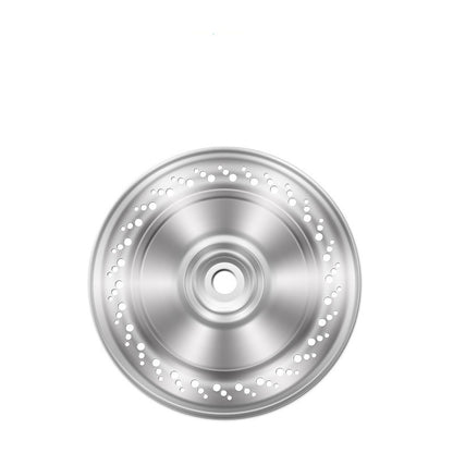 Top view of a round stainless steel pet water dispenser base with ventilation holes