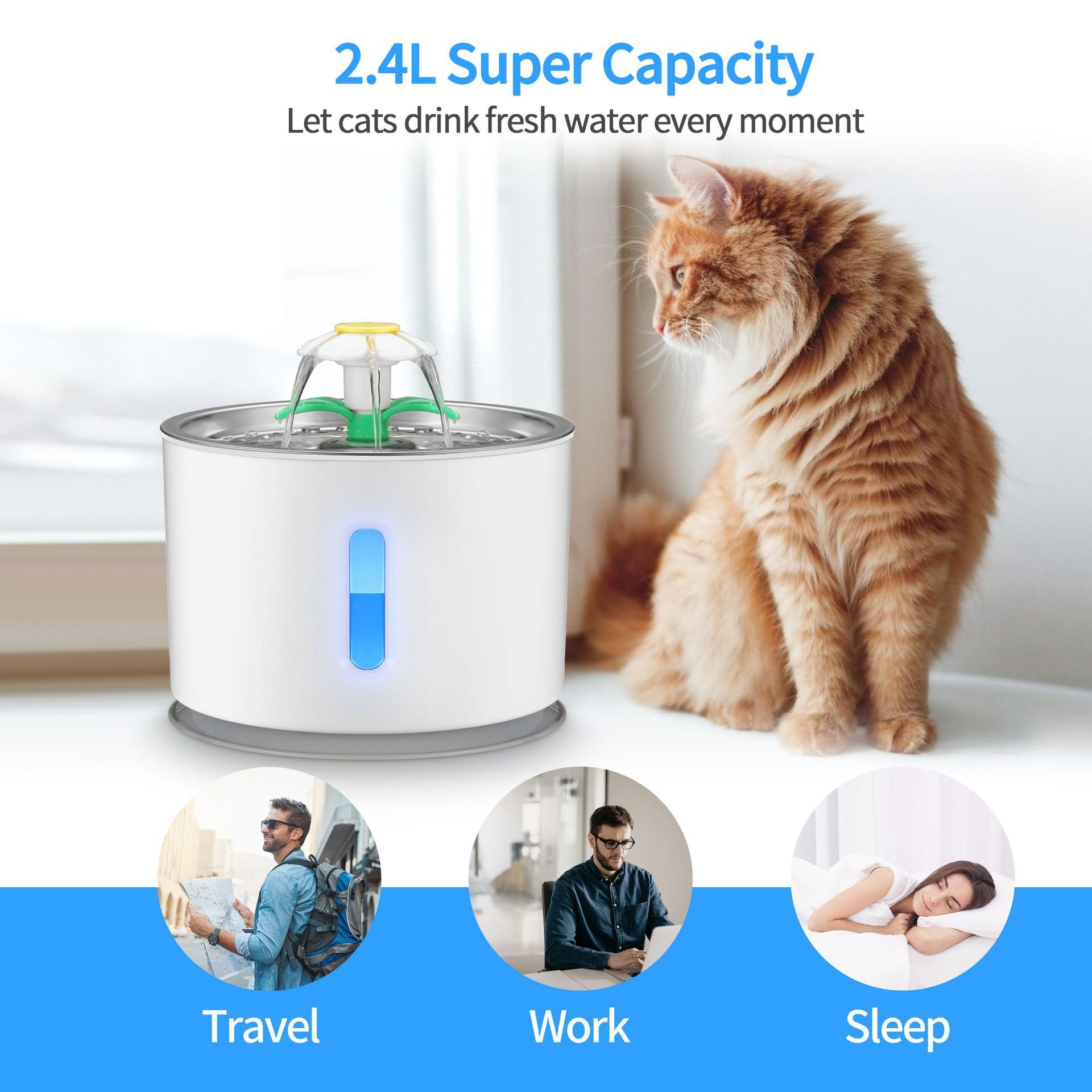 2.4L white pet water dispenser with flower-shaped fountain and orange cat sitting nearby