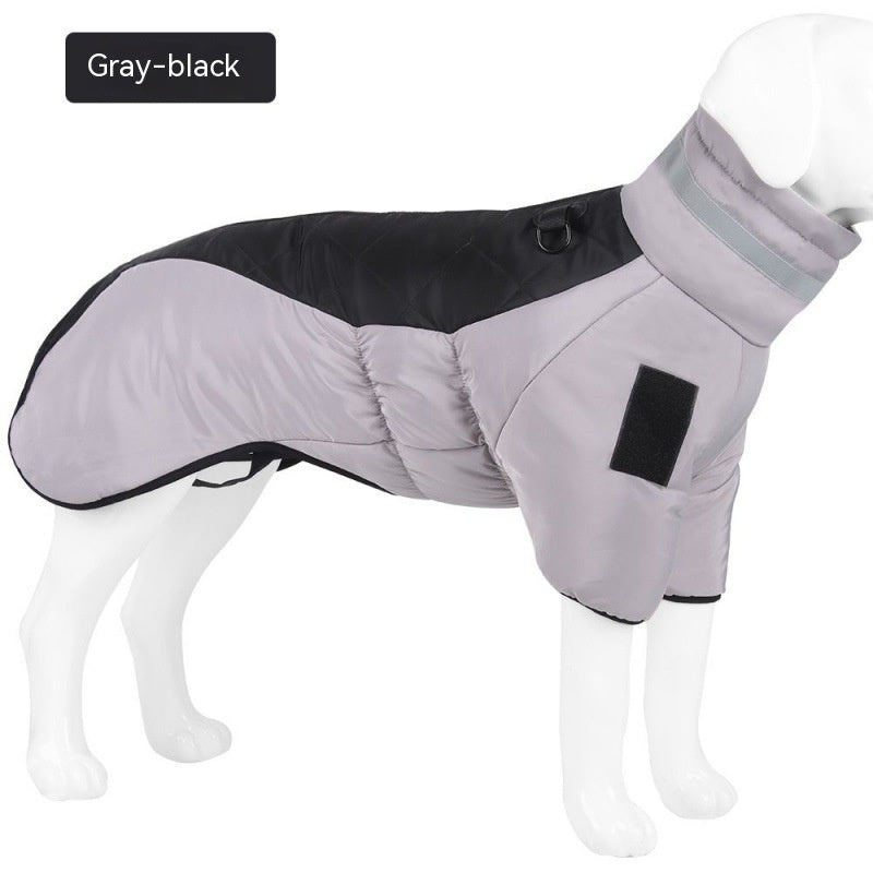 Gray-black waterproof insulated winter dog coat with reflective collar on white dog mannequin