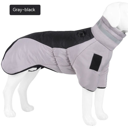 Gray-black waterproof insulated winter dog coat with reflective collar on white dog mannequin