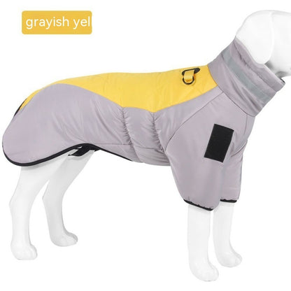 Large dog mannequin wearing gray and yellow waterproof insulated winter coat with high collar and hook