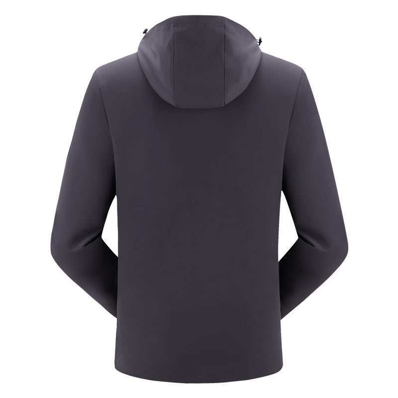 Back view of men's gray waterproof mountaineering jacket with hood, breathable and windproof hiking coat