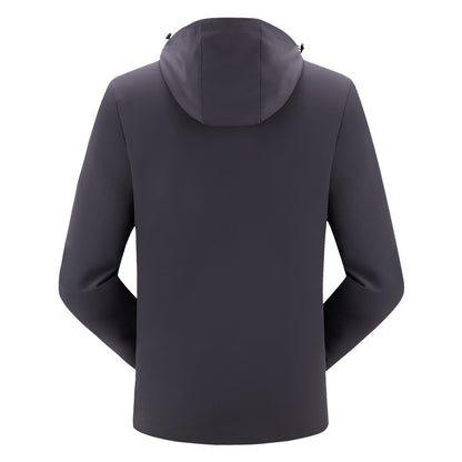 Back view of men's gray waterproof mountaineering jacket with hood, breathable and windproof hiking coat