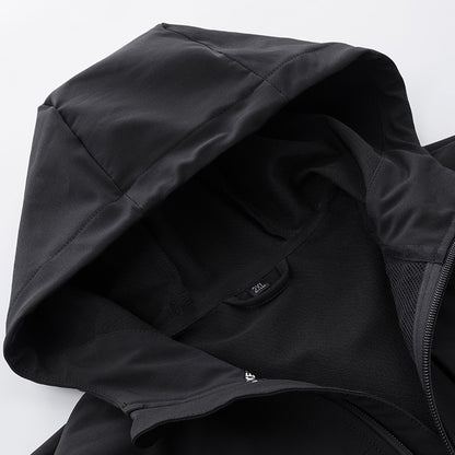 close-up of black waterproof mountaineering jacket hood and zipper with breathable fabric
