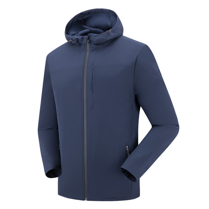 Men's navy blue waterproof mountaineering jacket with hood and front zip pockets