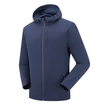 Men's navy blue waterproof mountaineering jacket with hood and front zip pockets