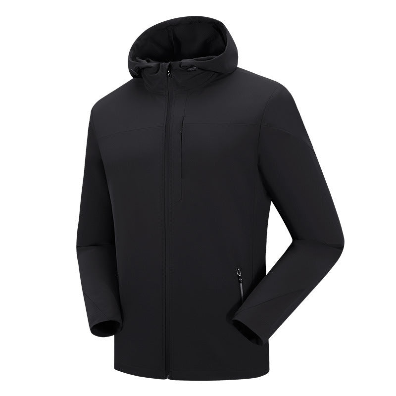 Black waterproof mountaineering jacket with hood, full zip, and zippered pockets for men