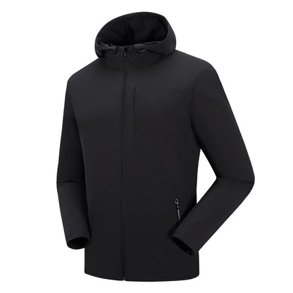 Black waterproof mountaineering jacket with hood, full zip, and zippered pockets for men