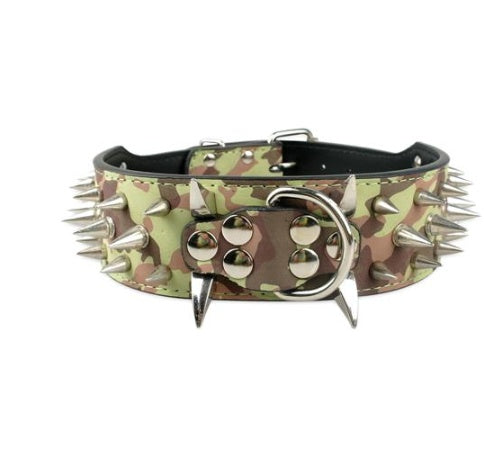 Adjustable camo leather dog collar with metal spikes and chrome hardware, padded for comfort