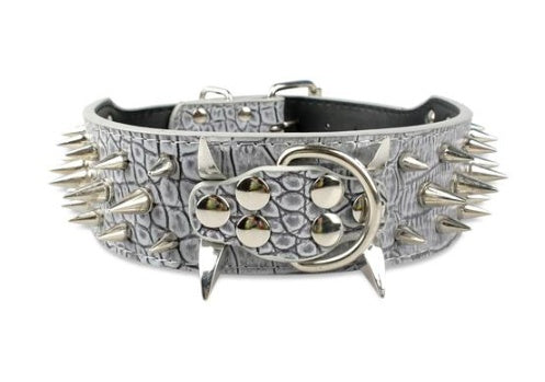 Gray spiked leather dog collar with adjustable buckle and tough metal hardware