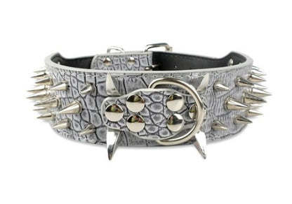 Gray spiked leather dog collar with adjustable buckle and tough metal hardware